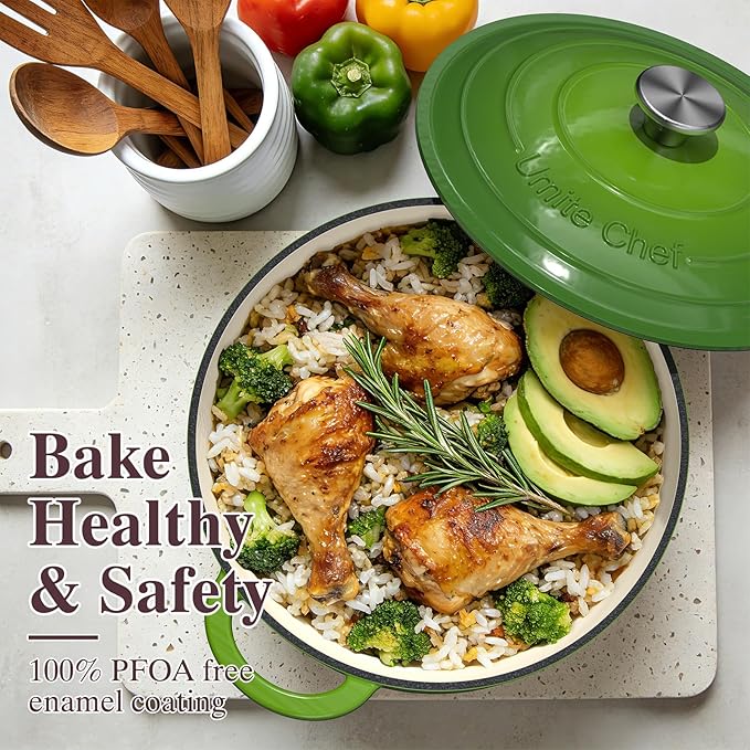 Umite Chef 7QT Enameled Cast Iron Dutch Oven with Lid & Cotton Potholders–Heavy-Duty Cookware for Bread Baking, Braising, Stews, Marinate, Cook,Refrigerate & Serve(Green) - Image 3