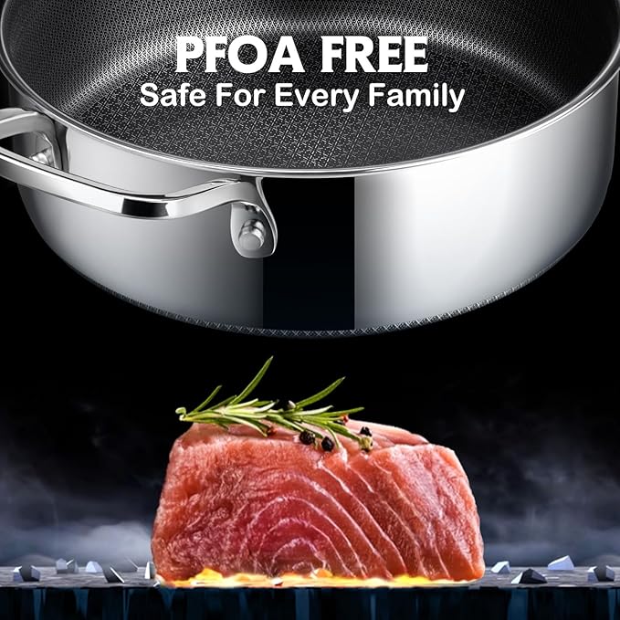 Frying Pans Nonstick Set with Lid,Hybrid Non Stick 5 Quart Saute pan,10 inch Skillet,8 inch Skillet PFOA Free Cookware,Stainless Steel skillet,Deep Braiser,Dishwasher Safe,Works on All Cooktops - Image 3