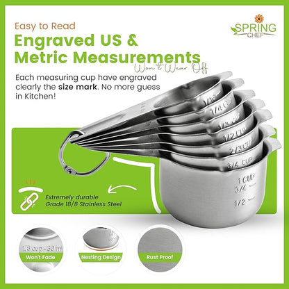 Spring Chef Stainless Steel Measuring Cups Set of 7 with Pour Spout - Nesting Kitchen Tools with Easy Read Markings to Measure Dry or Liquid Ingredients - Metal Measuring Cups for Baking & Cooking - Image 4