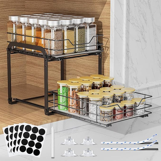 Spice Rack Organizer for Cabinet, 2 Tier Vertical Pull Out Spice Rack – Heavy Duty Metal Spice Organization for Cabinet, 40-Jar Capacity, Height Adjustable Cabinet Organizer (9"W×10.5"D×9"H, Black)