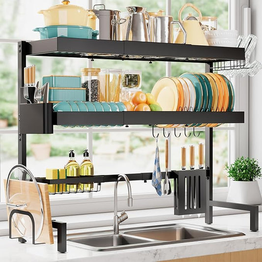 Sakugi Over The Sink Dish Drying Rack, Expandable 3-Tier Stainless Steel Kitchen Storage Organization Accessories for Countertop, Rustproof & Space-Saving, 31.5"–39.5" L x 12" W x 33" H, Black by Sakugi