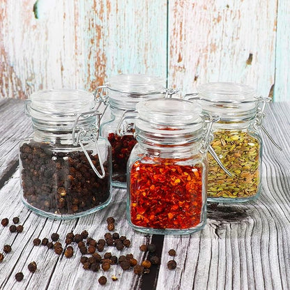 DHSBTLS 4 oz Mini Square Spice Jars, 24 Pack Glass Mason Jars with Airtight Hinged Lid, Leak Proof Storage Container for Spices, Honey, Food Bottles with Silicone Funnel and 40 Labels &Chalkboard Pen