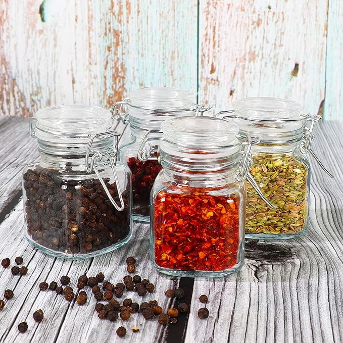 DHSBTLS 4 oz Mini Square Spice Jars, 12 Pack Glass Mason Jars with Airtight Hinged Lid, Leak Proof Storage Container for Spices, Honey, Food Bottles with Silicone Funnel and 40 Labels &Chalkboard Pen