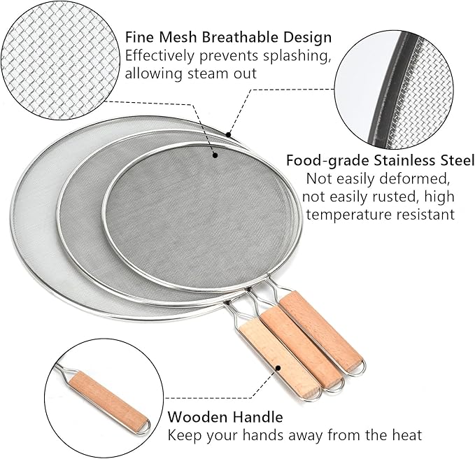 3 Pieces Grease Splatter Screen for Frying Pan, 21/25.5/29cm, with Wooden Handle - Image 4