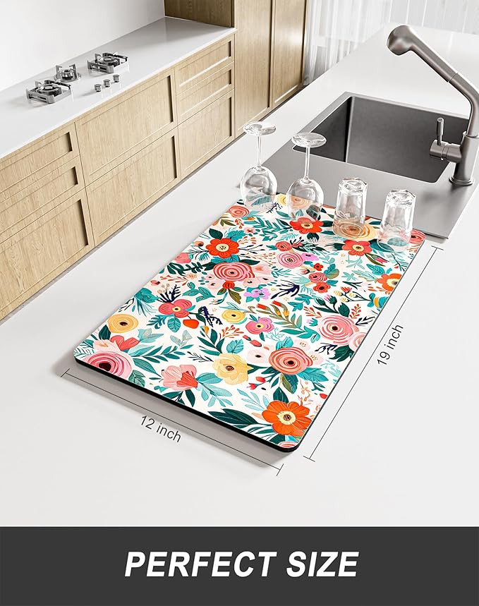 Rnivvi Dish Drying Mat for Kitchen Counter, 12 x 19" Cute Flower Super Absorbent Draining Pad, Non-Slip Heat Resistant Coffee Bar Mats for Coffee Machine Station Accessories, Colorful Dish Rack Pad - Image 2