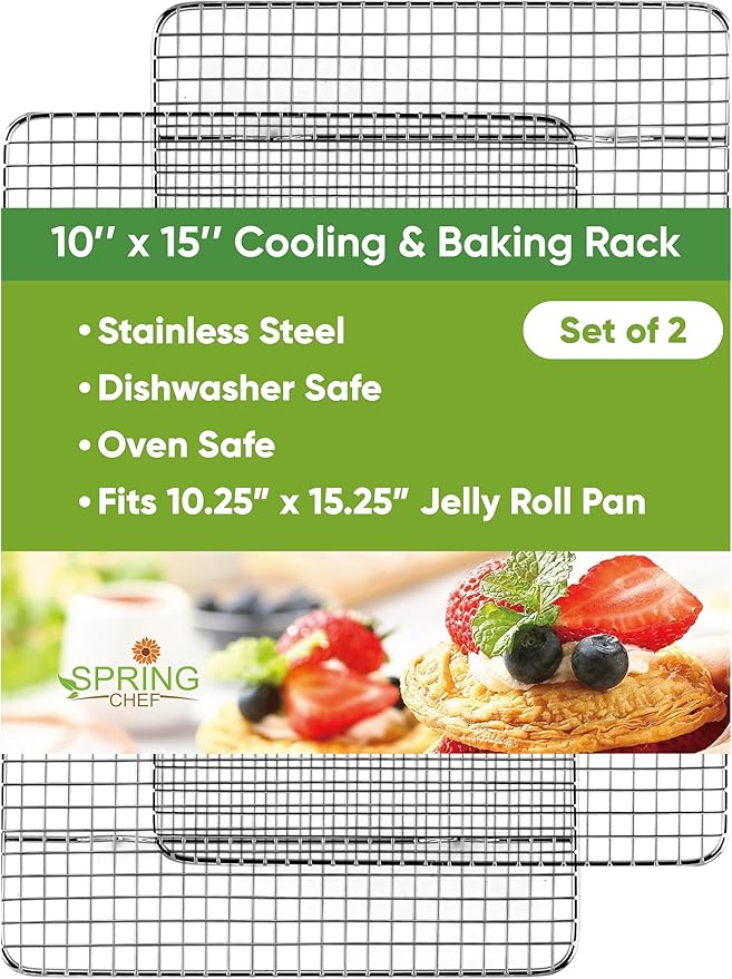 Spring Chef 10" x 15" Stainless Steel Cooling Racks for Baking - Oven Safe - Cookie Racks for Cooling Cookies - Fits Jelly Roll Pan - Perfect for Grilling, Roasting, Cooking, Drying - Set of 2 by SpringChef