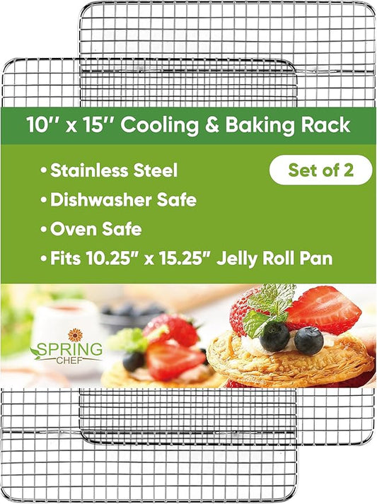 Spring Chef 10" x 15" Stainless Steel Cooling Racks for Baking - Oven Safe - Cookie Racks for Cooling Cookies - Fits Jelly Roll Pan - Perfect for Grilling, Roasting, Cooking, Drying - Set of 2 by SpringChef