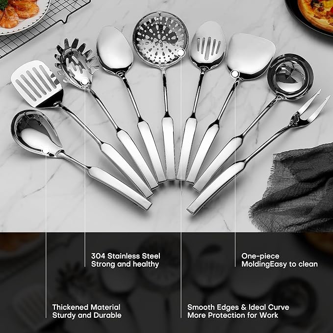 9PCS Silverware Set for 304 Stainless Steel Kitchen Utensils Set Cooking Utensil Set, 15 Inches All Metal Cooking Tools Wok Kitchen Cookware Set with Spatula Useful Pots and Pans Accessories - Image 5