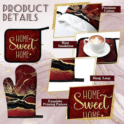 Leinuosen 8 Pcs Burgundy Marble Kitchen Towels and Dishcloths Sets Oven Mitts and Pot Holders Sets Absorbent Kitchen Gloves Potholders Heat Resistant for Chef Baking Cooking