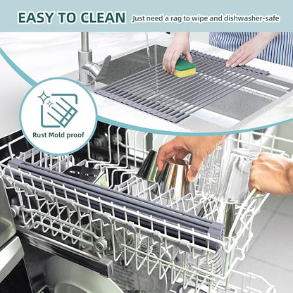 Ohuhu Dish Drying Rack Over The Sink, Roll Up Sink Rack 20.5" W x 13.1" L Rolling Dish Drainer Foldable Accessories Heat-Resistant Mat Anti-Slip Silicone Coated for Kitchen Counter - Image 7