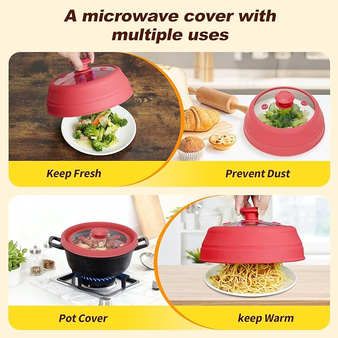 Microwave Splatter cover, Glass Microwave Cover for Food, Guard Lid with Collapsible Silicone for 6-8 inch Plates & Bowls, Dishwasher Safe, Heat Resistant, BPA-Free, 9 inch Red