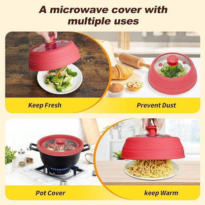Microwave Splatter cover, Glass Microwave Cover for Food, Guard Lid with Collapsible Silicone for 6-8 inch Plates & Bowls, Dishwasher Safe, Heat Resistant, BPA-Free, 9 inch Red