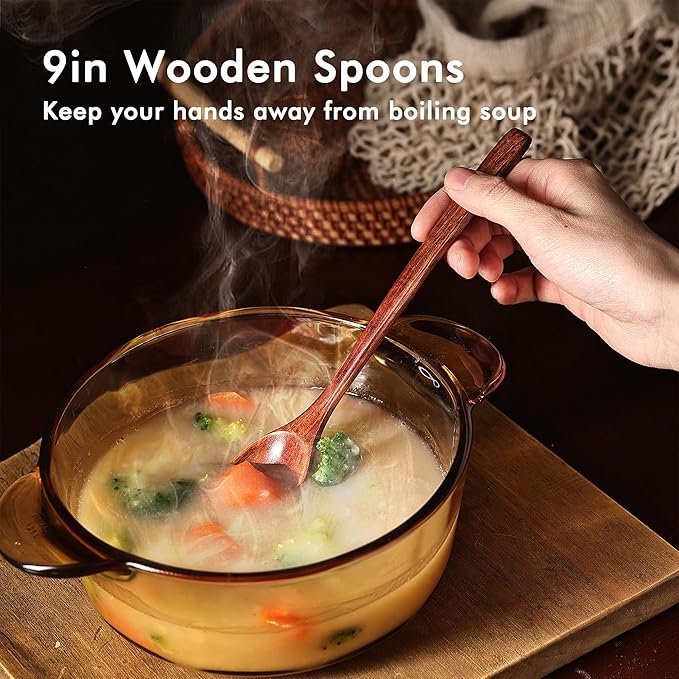 6pcs 9in Wooden Spoons, Soup Spoons Set, Long Handle Wooden Utensils for Cooking, Tasting, Serving, Stirring and Mixing (6pcs 9in) - Image 3