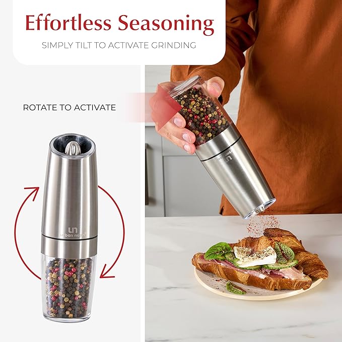 Urban Noon Gravity Salt and Pepper Grinder Set - Battery Operated Stainless Steel Mills with Light (2 Grinders) - Automatic One Handed Operation - Electric Adjustable Shakers - Ceramic Grinders - Image 2