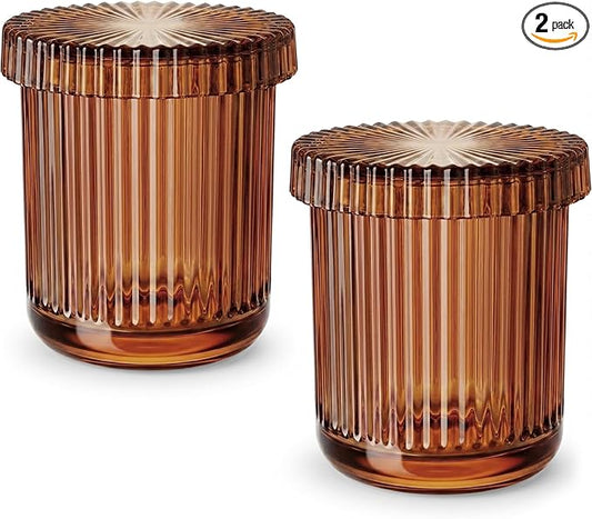 2 Pack Qtip Holder - Apothecary Jars with Lids, Bathroom Organizers and Storage Canister for Cotton Balls,Swabs,Floss Picks,Hair Ties,Clear Glass Vintage Bathroom Decor Jar Set (Brown)