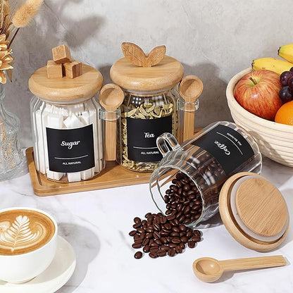 Suclain 3 Pcs Glass Coffee Container with Bamboo Color Lid & Spoon, 20.3 oz Airtight Glass Jar with Wooden Shelf, Food Storage Containers Coffee Jar Tea Container(Bamboo Color) - Image 5
