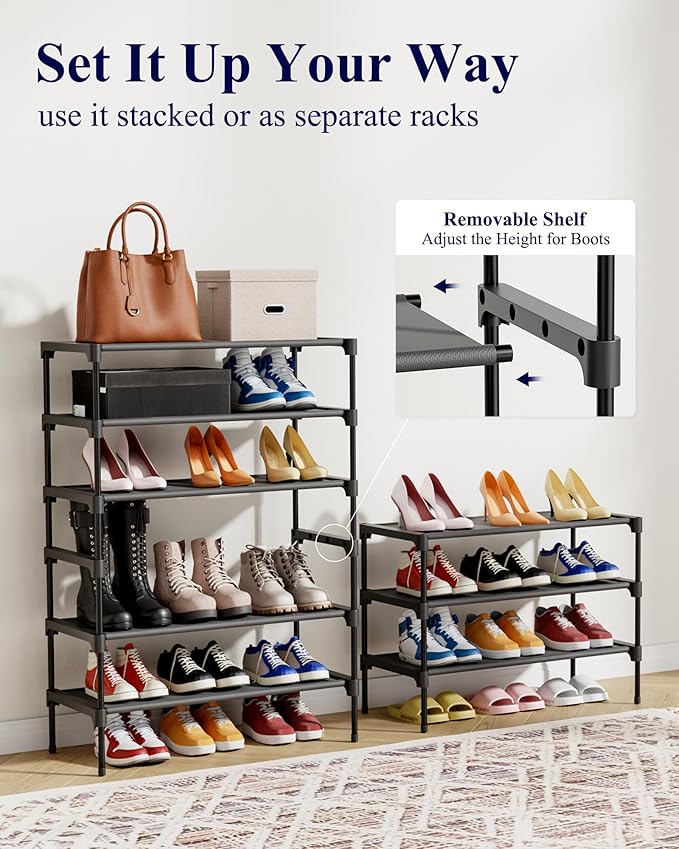 Kitsure Shoe Rack - Non-Woven Shoe Rack Shelf, Shoe Organizer for Closet, Entryway, Garage & Corridor, Stackable Shoe Shelves, 27.5" Wide - 3 Tier, Black - Image 7