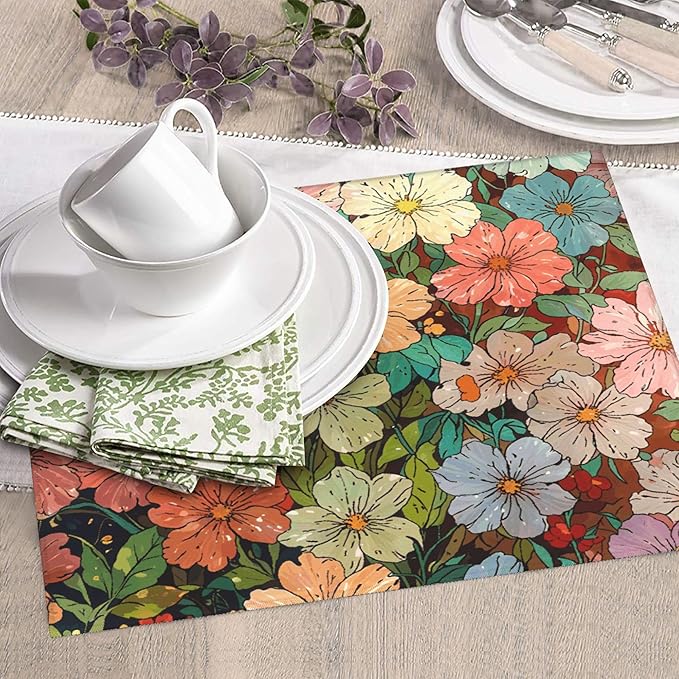 Colorful Wildflowers Dish Drying Mat for Kitchen Counter, 16"x18" Microfiber Absorbent Fast Dry Mat, 2Pcs Dish Mat Faucet Mats Sets, Large Drying Kitchen Mat Kitchen Drying Pad Coffee Bar Decor Gifts