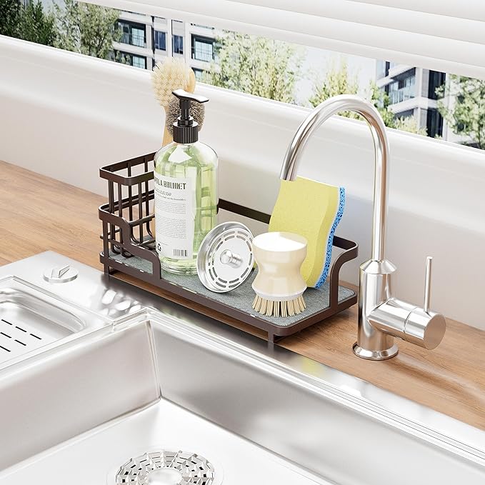 Consumest Sponge Holder for Kitchen Sink - Sink Caddy Organizer with Water Absorbing Stone Tray, Detachable Brush Holder, Stainless Steel Kitchen Counter Organizer Rack, Bronze - Image 6