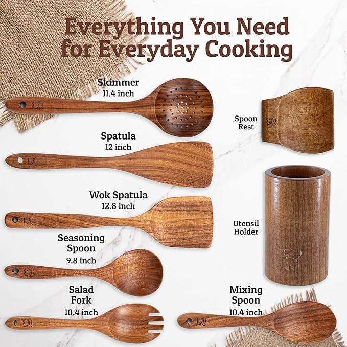 PriorityChef Wooden Spoons for Cooking, Premium 6pc Teak Wood Utensil Set with Hanging Hooks, Utensil Holder and Spoon Rest - Image 3