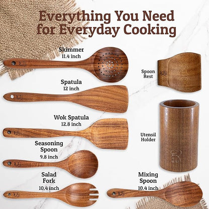 PriorityChef Wooden Spoons for Cooking, Premium 6pc Teak Wood Utensil Set with Hanging Hooks, Utensil Holder and Spoon Rest - Image 3