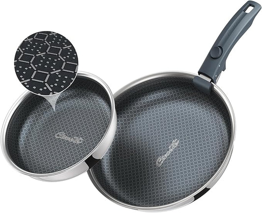 Ciwete Hybrid Non Stick Frying Pans Set 3-Piece, 8 & 9.5 Inch Tri-Ply Stainless Steel Pans Set with Detachable Handle, PFOA Free Kitchen Skillets for All Cooktops, Dishwasher & Oven-Safe Cooking Pan
