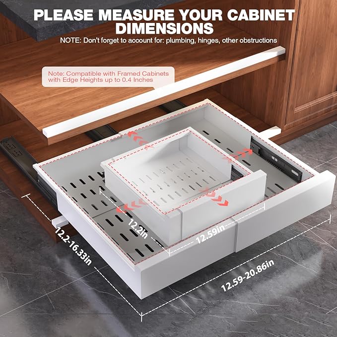 Seinloes 2 Pack Pull Out Cabinet Organizer Expandable Width(13"-21") and Depth(13"-17"),Slide Out Drawers With Raising Pad for Framed Cabinets,No Drill Roll Out Shelves for kitchen,Bathroom,White - Image 6