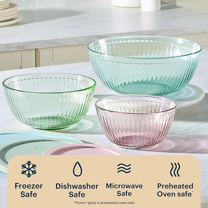 Pyrex Colors (3-Pack, Full Set) Sculpted Tinted Glass Mixing Bowls With Plastic Lids, Nesting Space Saving Set of Bowls For Prepping and Baking, 1.3QT, 2.3QT & 4.5Q, (Pink, Green, Aqua) - Image 5