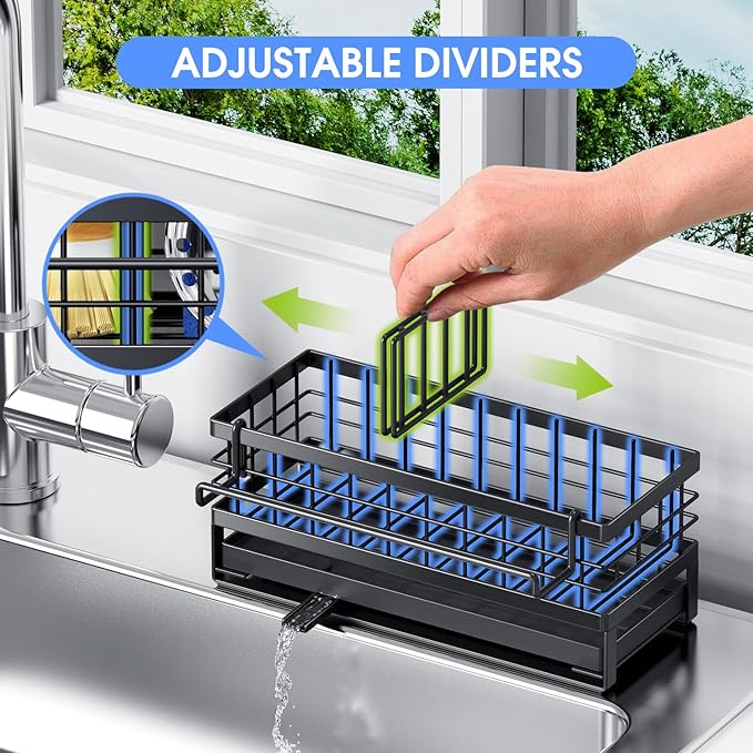 Kitchen Sink Sponge Holder, Rustproof Non-Slip Self-Draining Metal Sink Caddy with Detachable Dish Cloth Holder (Black) - Image 5