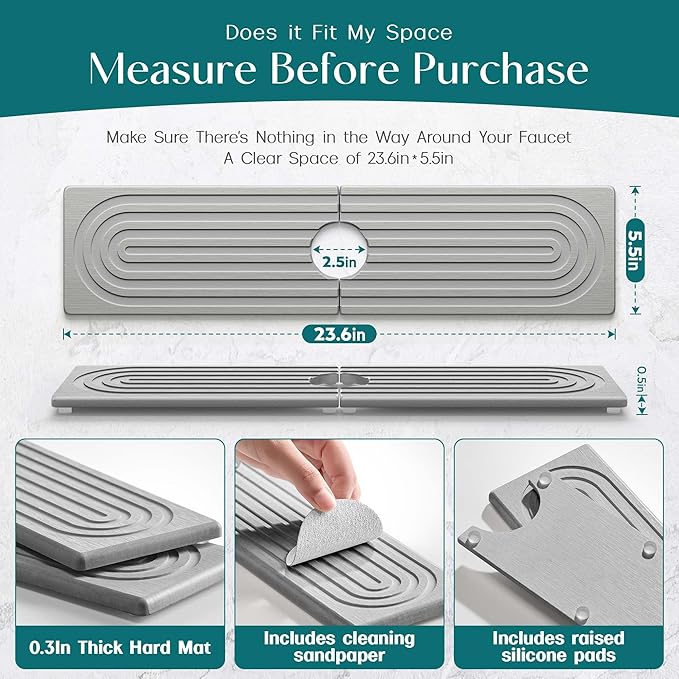 eormoe Kitchen Faucet Absorbent Mat - Large Diatomaceous Earth Splash Guard for Sink Faucet, Aesthetic Water Absorbing Stone Tray in The Modern Home (Grey, 23.6" x 5.5") - Image 2