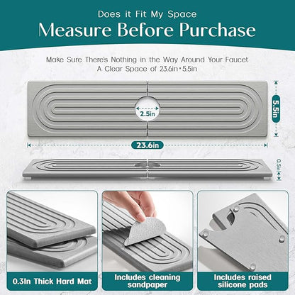 eormoe Kitchen Faucet Absorbent Mat - Large Diatomaceous Earth Splash Guard for Sink Faucet, Aesthetic Water Absorbing Stone Tray in The Modern Home (Grey, 23.6" x 5.5") - Image 2