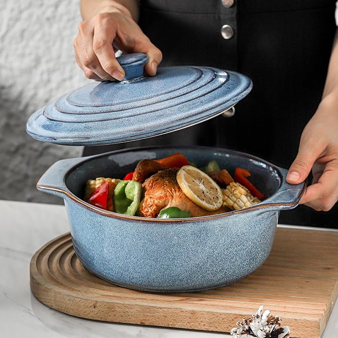 HVH Ceramic Casserole Dish with Lid Oven Safe, 2 Quart Round Casseroles Dish Set, 9 Inches Round Baking Dish with Lid Oven Safe, Deep Casserole Dishes for Oven with Lids for Dinner Party (Wabi sabi) - Image 2