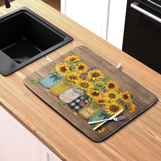Sunflower Dish Drying Mat for Kitchen 16x18 Inch Counter Rustic Vintage Floral Vases Wood Grain Drying Mats Microfiber Absorbent Dishes Drying Pad Spring Summer Flowers Dish Drainer Rack Mat - Image 6