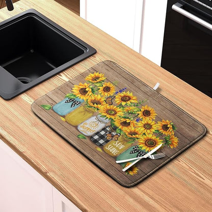 Sunflower Dish Drying Mat for Kitchen 16x18 Inch Counter Rustic Vintage Floral Vases Wood Grain Drying Mats Microfiber Absorbent Dishes Drying Pad Spring Summer Flowers Dish Drainer Rack Mat - Image 6