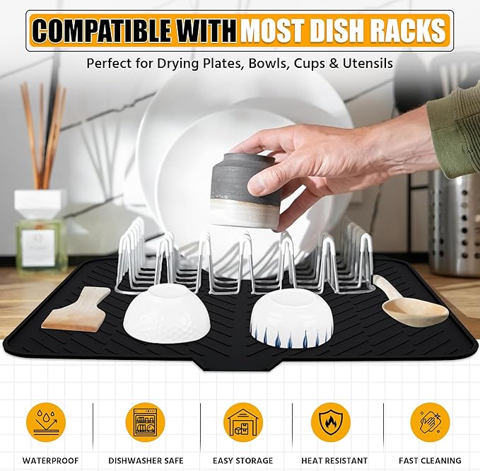 Luxet Silicone Dish Drying Mat with Built-in Drain Lip - Hygienic Drying Pad - Sturdy Compact Easy to Clean Tray Protects Surfaces Prevents Water Build Up - 23 X 17 (Black) - Image 5