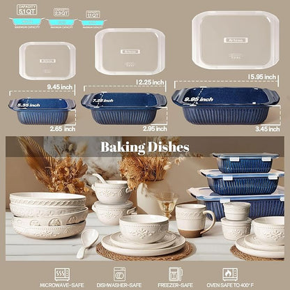 Artena Casserole Dishes For Oven, Ceramic Baking Dish, Large Lasagna Pan With Handles, Baking Pan Casserole Dish, Rectangular Bakeware Deep, Set Of 3 (5.1Qt/2.3Qt/1.1Qt) (Blue - Baking Dish With Lids) - Image 8