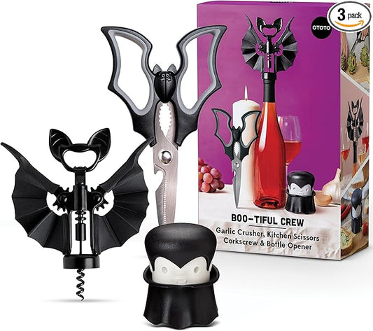 OTOTO Boo-tiful Crew Bundle of Elizabat, Vino, Gracula - Halloween Kitchen Decor Goth Accessories, Cool Kitchen Gadgets, Bat Scissors, Spooky, Witchy Bottle Opener, Garlic Crusher, Spooky Funny Gifts by OTOTO