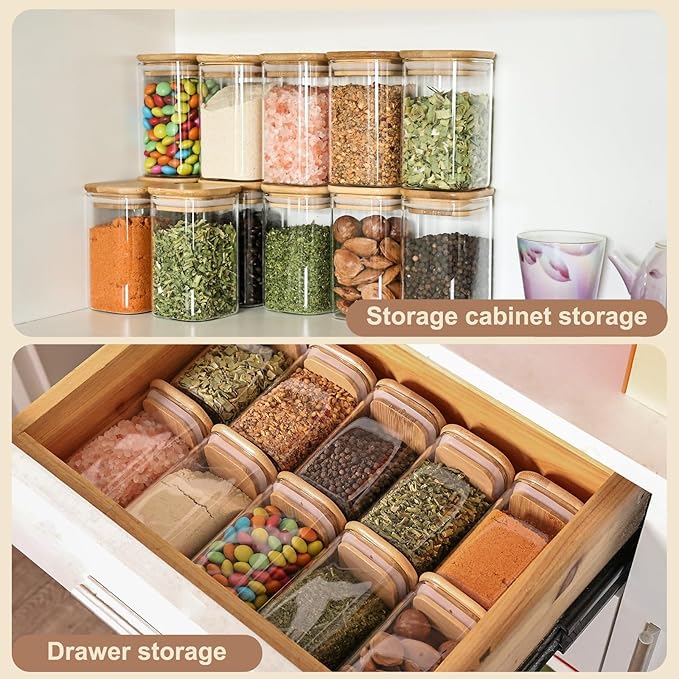 6oz Glass Spice Jars with Bamboo Lid and Label, 12 Pack Square Glass Container, Small Food Storage Containers for Kitchen, Clear Empty Seasoning Jar for Sugar, Salt, Coffee Bean, Herb, Borosilicate - Image 3