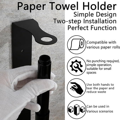Paper Towel Holder, Black Stainless Steel Under Cabinet Wall Mount, Self-Adhesive Kitchen Roll Rack, Heavy-Duty Organization Storage