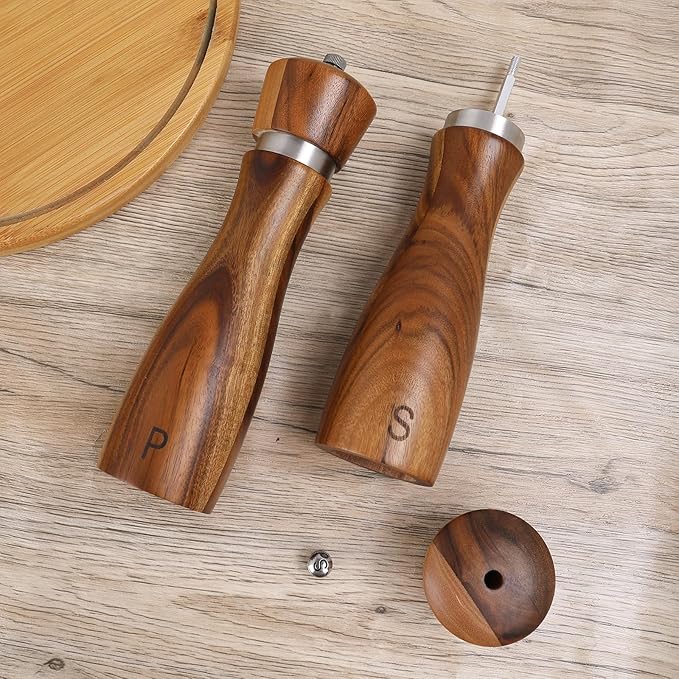 Haomacro 2 Pack Wood Salt and Pepper Grinder Set, Acacia Wood Salt and Pepper Grinder Mill Pepper Grinder Ceramic Stainless Steel Core-8 Inch - Image 4