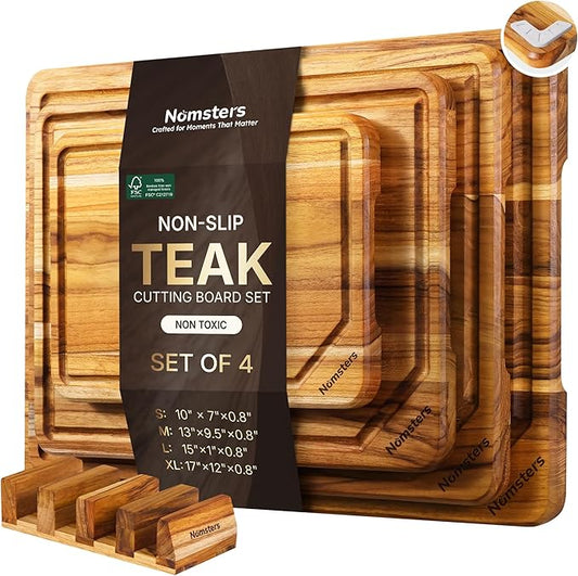 4 Pack Teak Wood Cutting Board Set for Kitchen Heavy Duty Non Toxic Non Slip Solid Thick Wood Haus Chopping Board Extra Large Big Small Meat Best Non Toxic Kitchen Essential House Warming Hostess Gift by Unknown