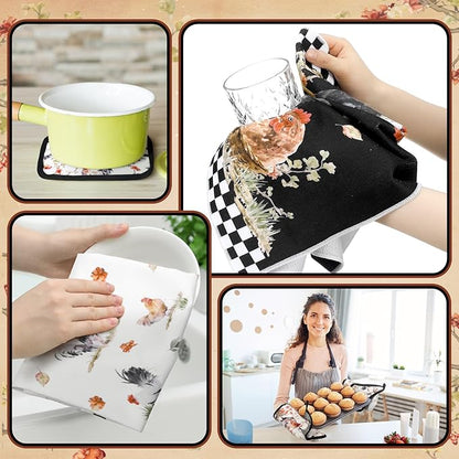 Fourluoo 10 Pcs Rooster Kitchen Dish Towels Rugs Oven Mitts and Pot Holders Set Farmhouse Kitchen Decor Set for Women Mom Daughter Gift Cooking Baking Grilling (Vintage Black White)