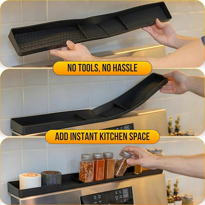 TEO Magnetic Stove Top Shelf - 30 Inch Silicone Over the Stove Spice Rack for Kitchen Gadgets Storage Organization, Heat-Resistant, No Installation, Dishwasher Safe, Over Oven Shelf Black