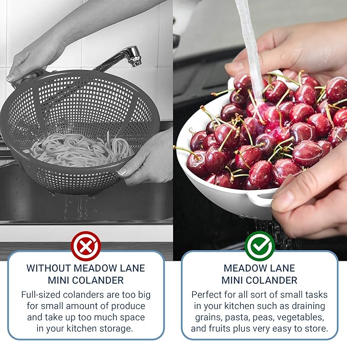 Meadow Lane 6-inch Small Colander, BPA-Free, Dishwasher Safe, Double Handles, Compact Food Strainer for Berries, Veggies and Pasta, 3-Cup Capacity, Smooth White - Image 6