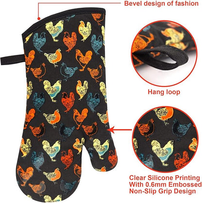 Oven Mitts Gloves 1 Pair Heat Resistant 480 ℉ Non Slip Clear Silicone Printed Rooster Comfortable Cotton Lining Kitchen Men Cooking Barbecue Machine Washable (Rooster, Black Mittens)