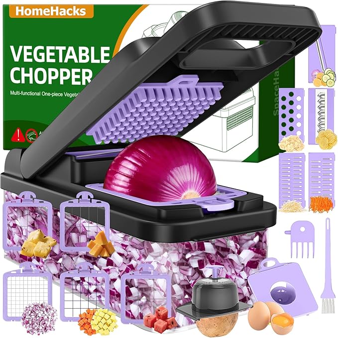 HomeHacks Vegetable Chopper Vegetable Cutter, 15 in 1 Kitchen Gadget, Dicer, Slicer, Onion Cutter, Salad, Cheese Grater & Egg Separator - Multi-Functional Veggie Chopper Lid with Handle (Purple) by HomeHacks
