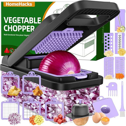 HomeHacks Vegetable Chopper Vegetable Cutter, 15 in 1 Kitchen Gadget, Dicer, Slicer, Onion Cutter, Salad, Cheese Grater & Egg Separator - Multi-Functional Veggie Chopper Lid with Handle (Purple) by HomeHacks