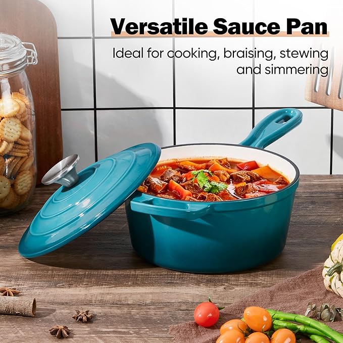 Homikit 3 Quart Saucepan with Lid, Enameled Cast Iron Saucepan for All Cooktops, Heavy Duty Cast Iron Pot for Kitchen Cooking, Boiling, Nonstick & Up to 500°F, Teal Ombre