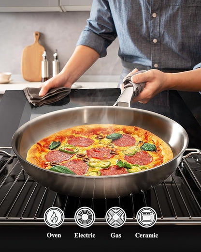 VocVoi Stainless Steel Pan Set, Frying Pan Set, 8/10/12 Inch Stainless Steel Cookware Set, PFOA&PTFE Free Tri-Ply Skillets, Chef's Pan Set, Dishwasher and Oven Safe, Induction Compatible - Image 3