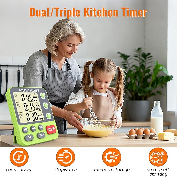 Digital Dual Kitchen Timer, 3 Channels Countdown Triple Timer for Cooking, Magnetic Memory-Preset Large-Display Adjustable Alarm Volume, Multi Times Management, 3A Battery Included, Green - Image 2